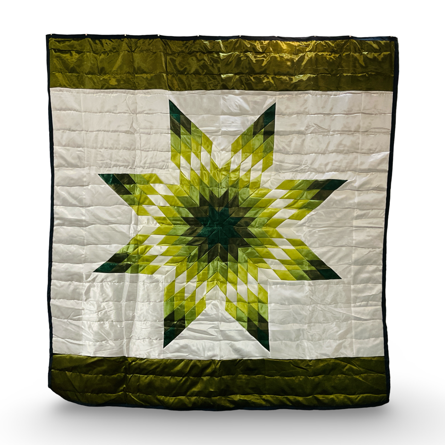 JBE Green White Satin Queen Star Quilt