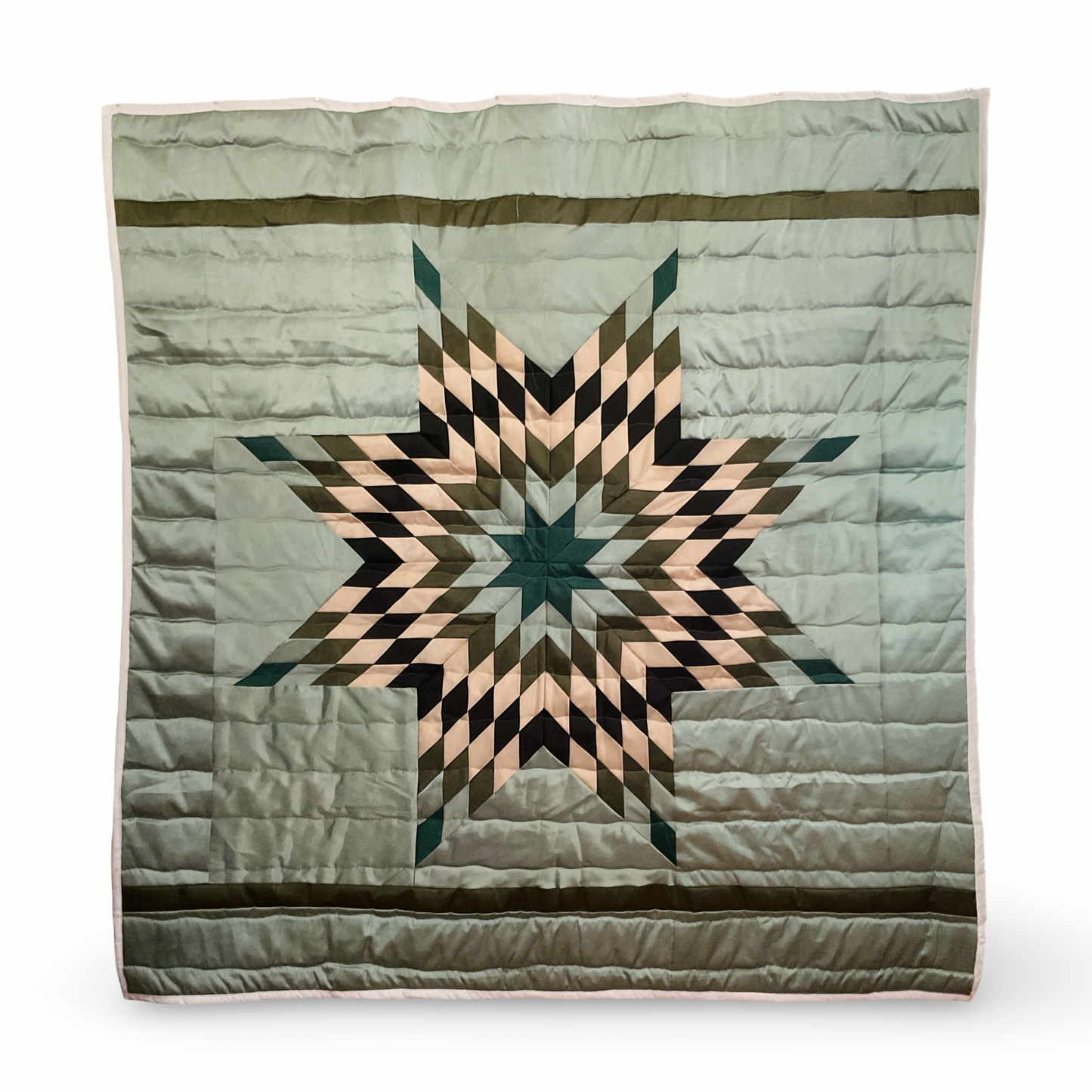 JBE Sage Green/Navy Queen Satin Star Quilt