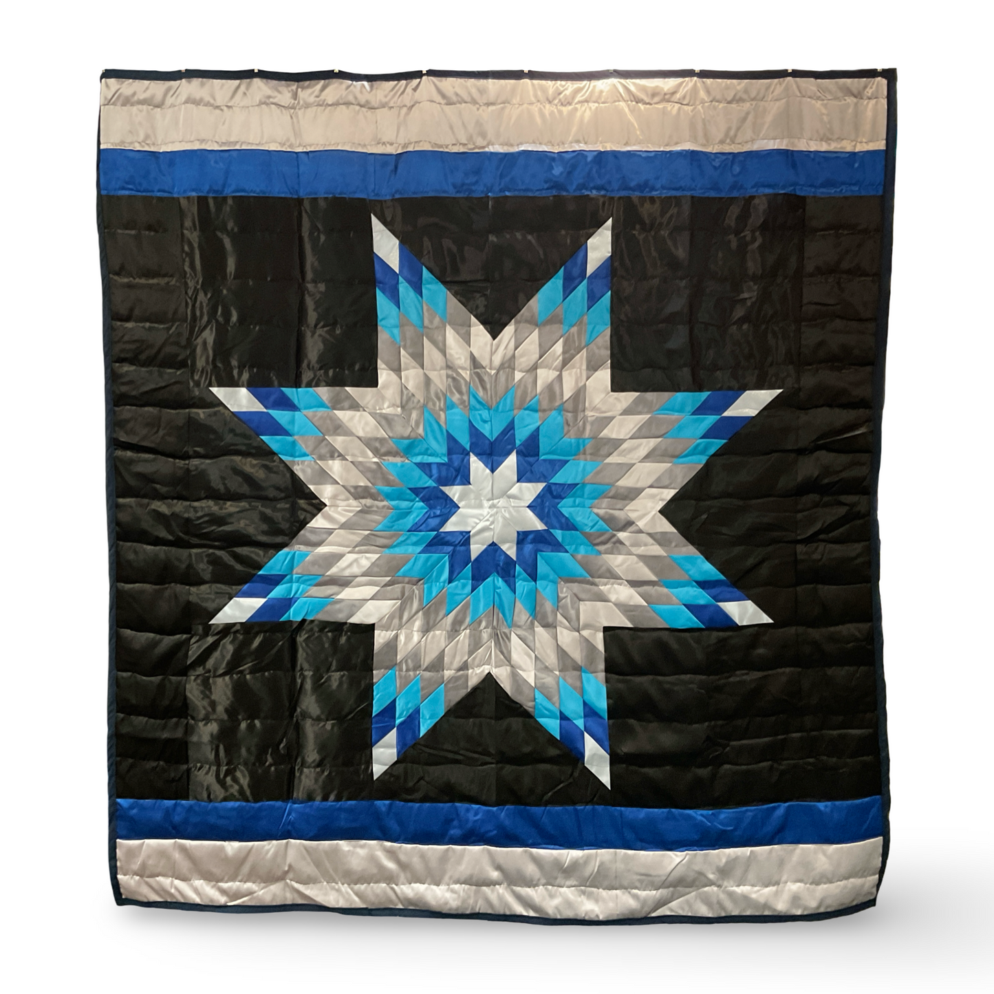 JBE Blue Black Satin Queen Star Quilt