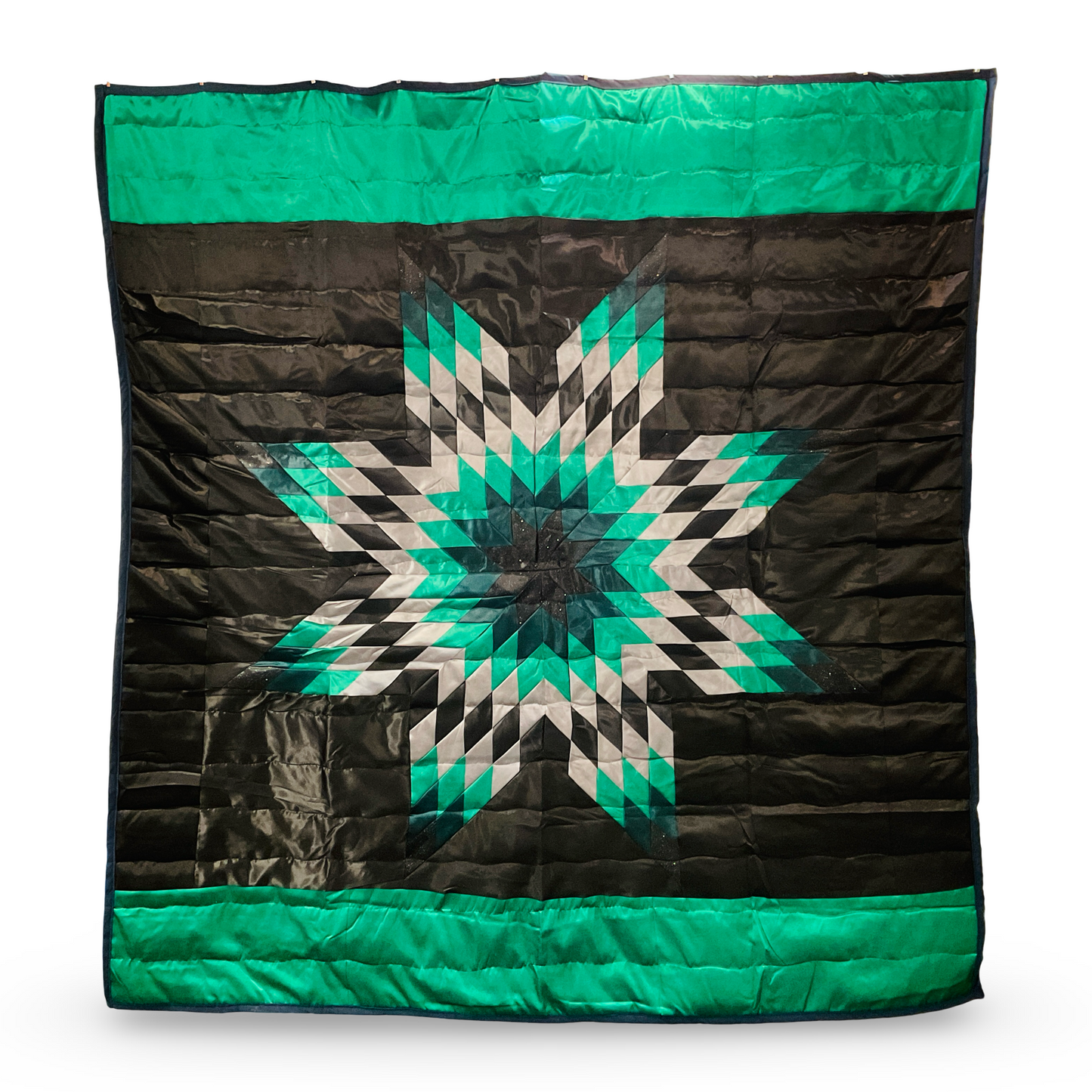 JBE Green Black Satin Queen Star Quilt