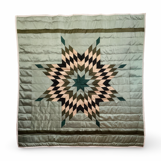 JBE Sage Green/Navy Queen Satin Star Quilt